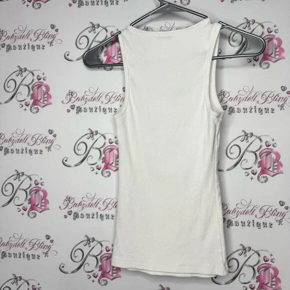 Bebe White Tank Top bling rhinestone diamonds Gold and Silver Logo OG - Picture 3 of 8